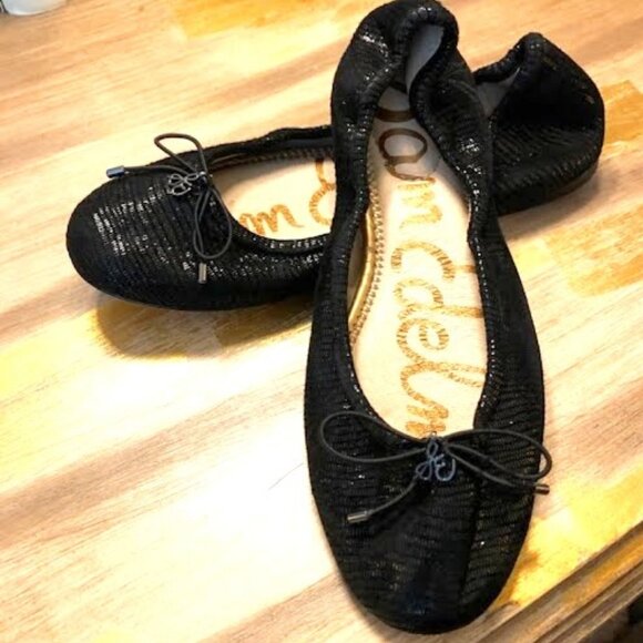 SAM EDELMAN Felicia Ballet Flats Metallic Black Embossed Leather SZ 6 New - Picture 3 of 4